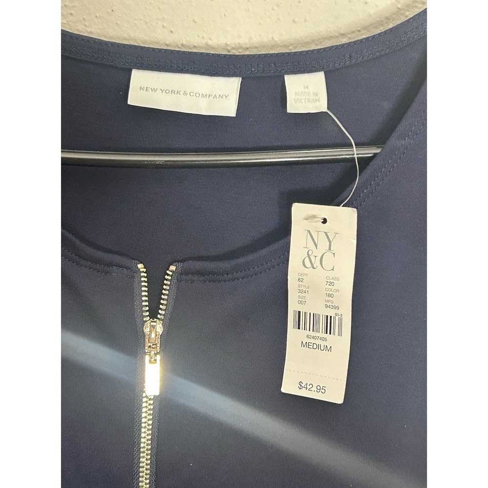 New York & Company Women's Navy Blue Dress Size Medium Zip Front 2 Pockets - Picture 2 of 4